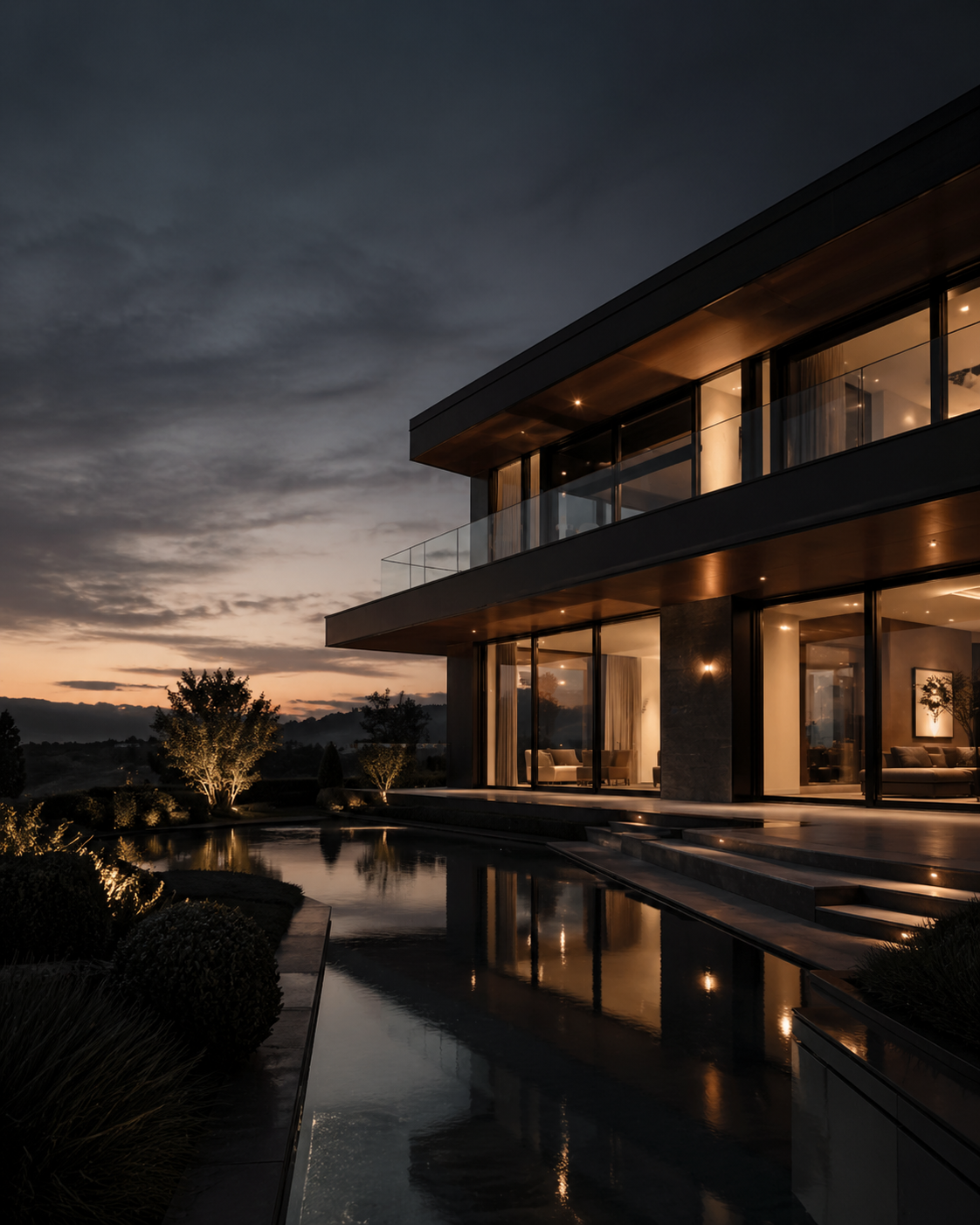Modern luxury home at dusk